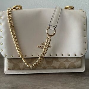 Coach Klare Crossbody Bag in Signature Canvas with Rivets Gold/Light Khaki.
